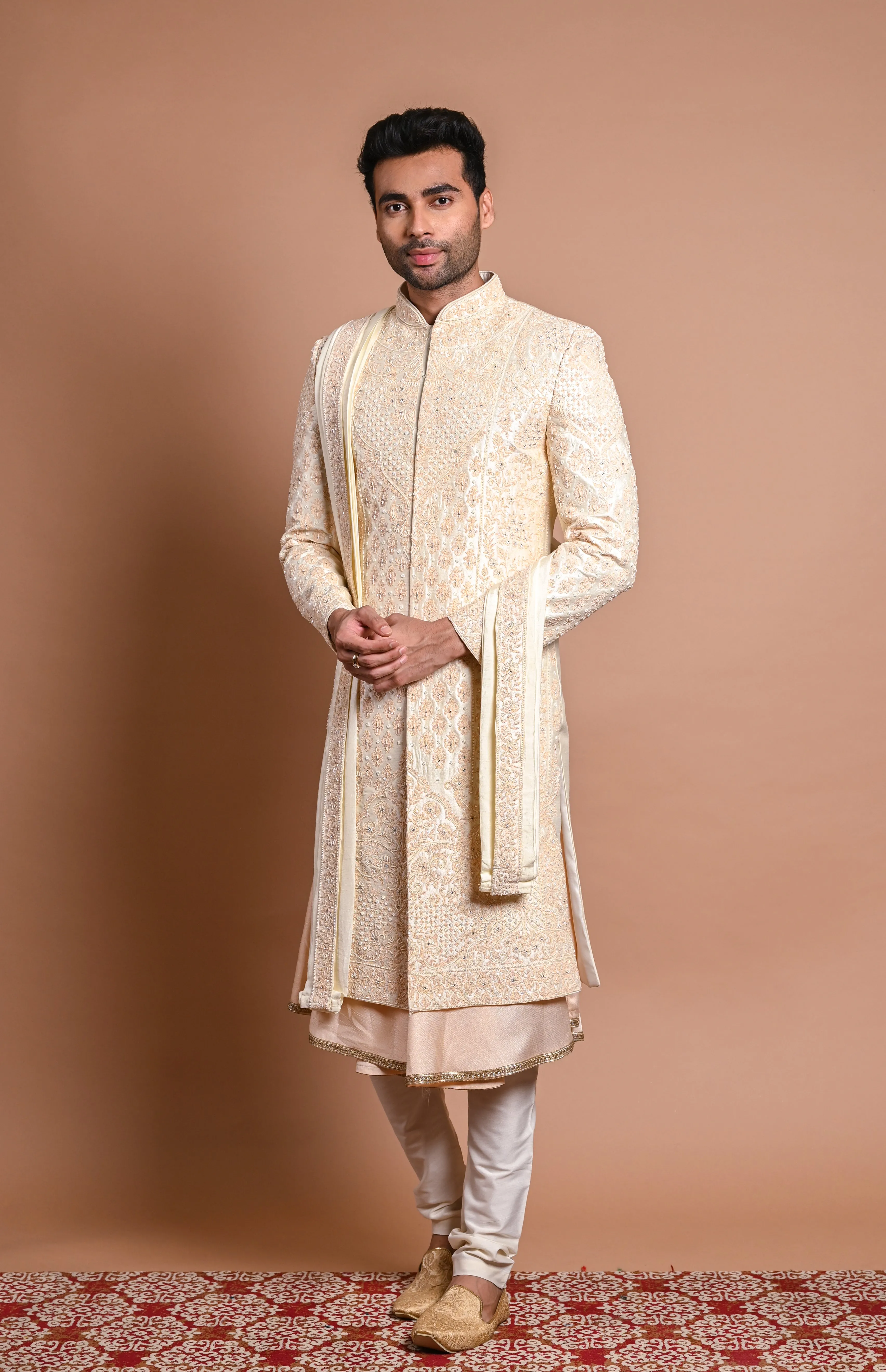 Cream Raw Silk Sherwani With Pearl & resham Work