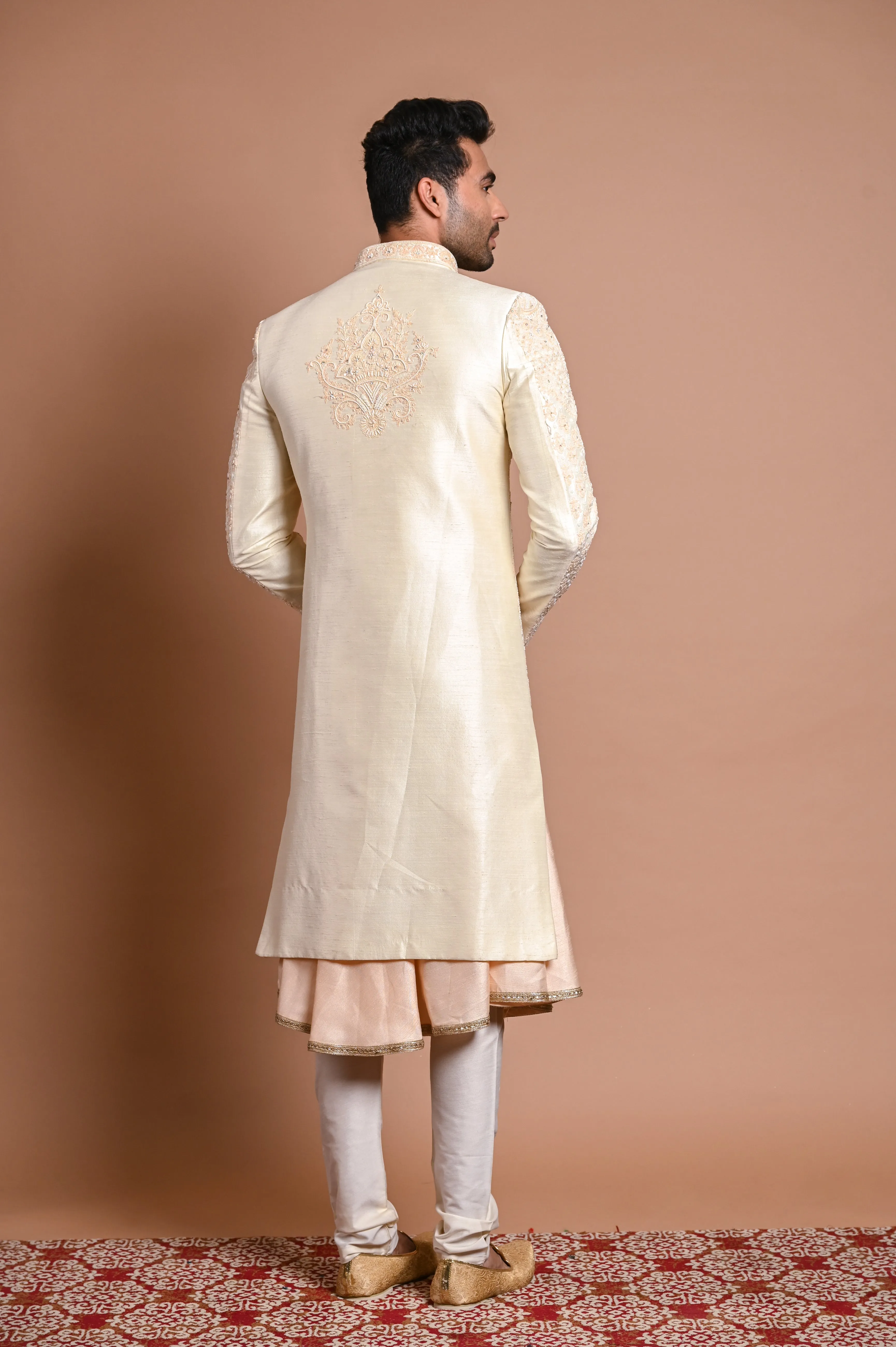 Cream Raw Silk Sherwani With Pearl & resham Work