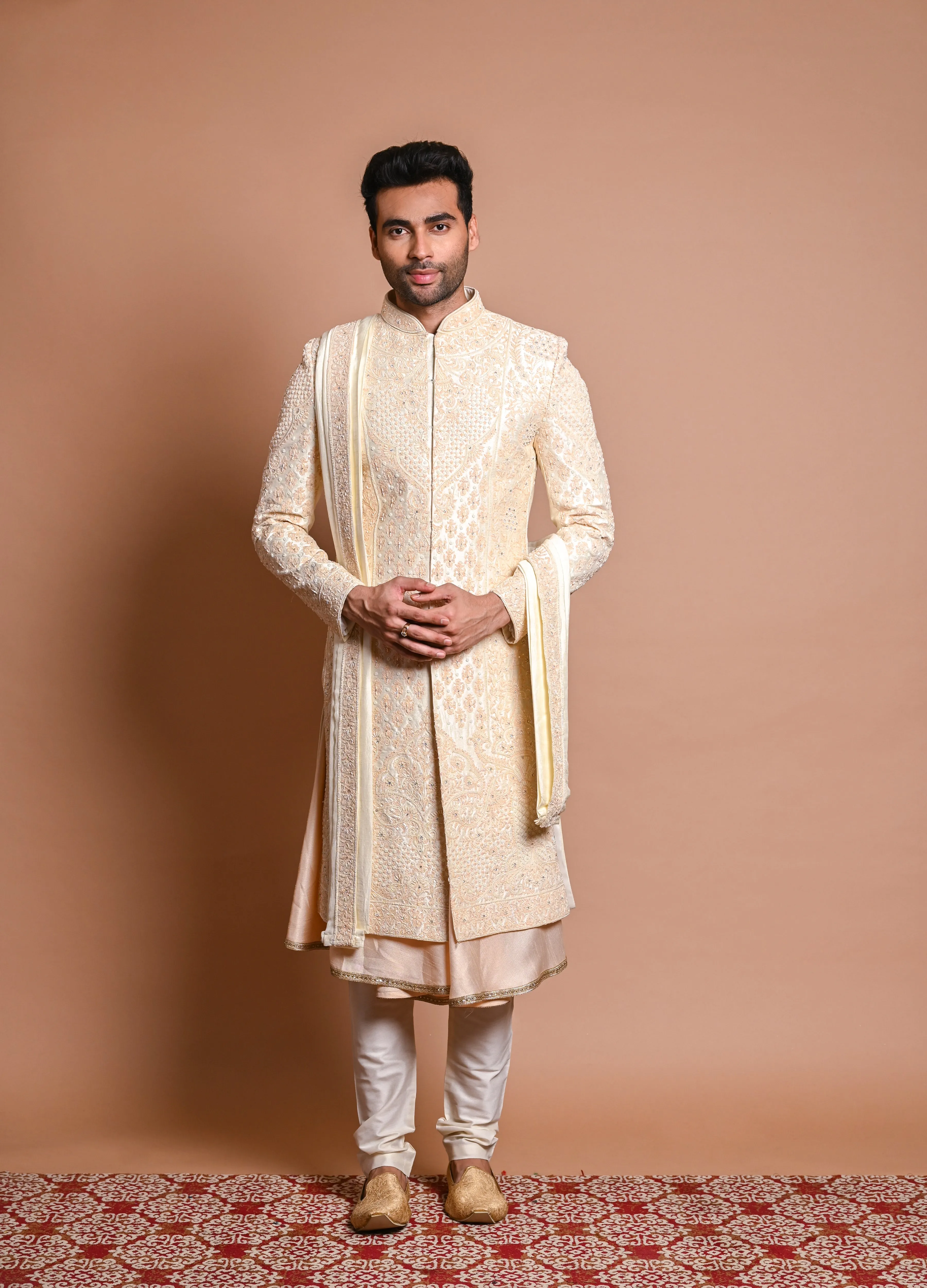 Cream Raw Silk Sherwani With Pearl & resham Work