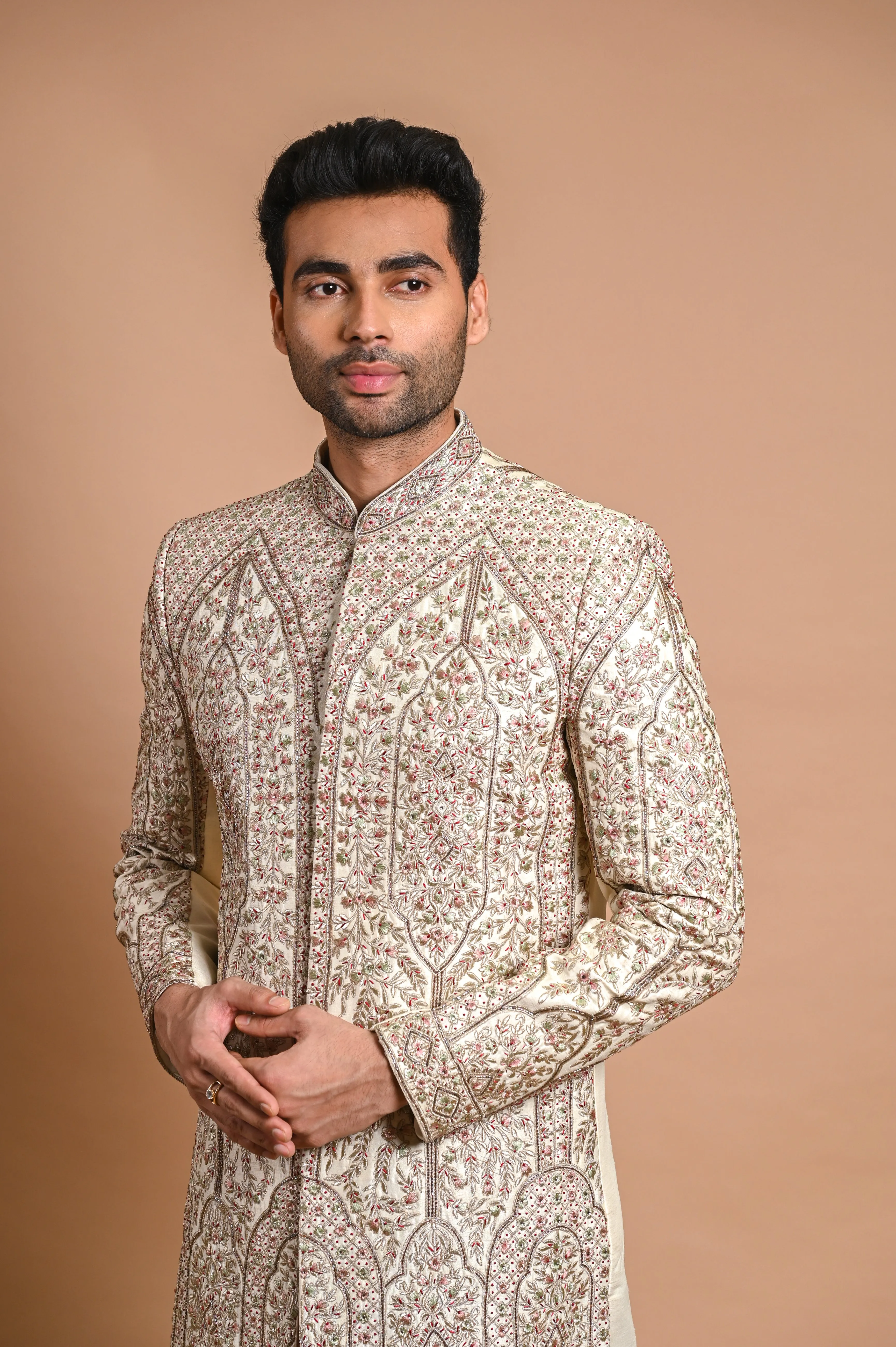 Cream Raw Silk Sherwani With resham, cut dana and mirror  Work