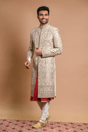 Cream Raw Silk Sherwani With resham, cut dana and mirror  Work