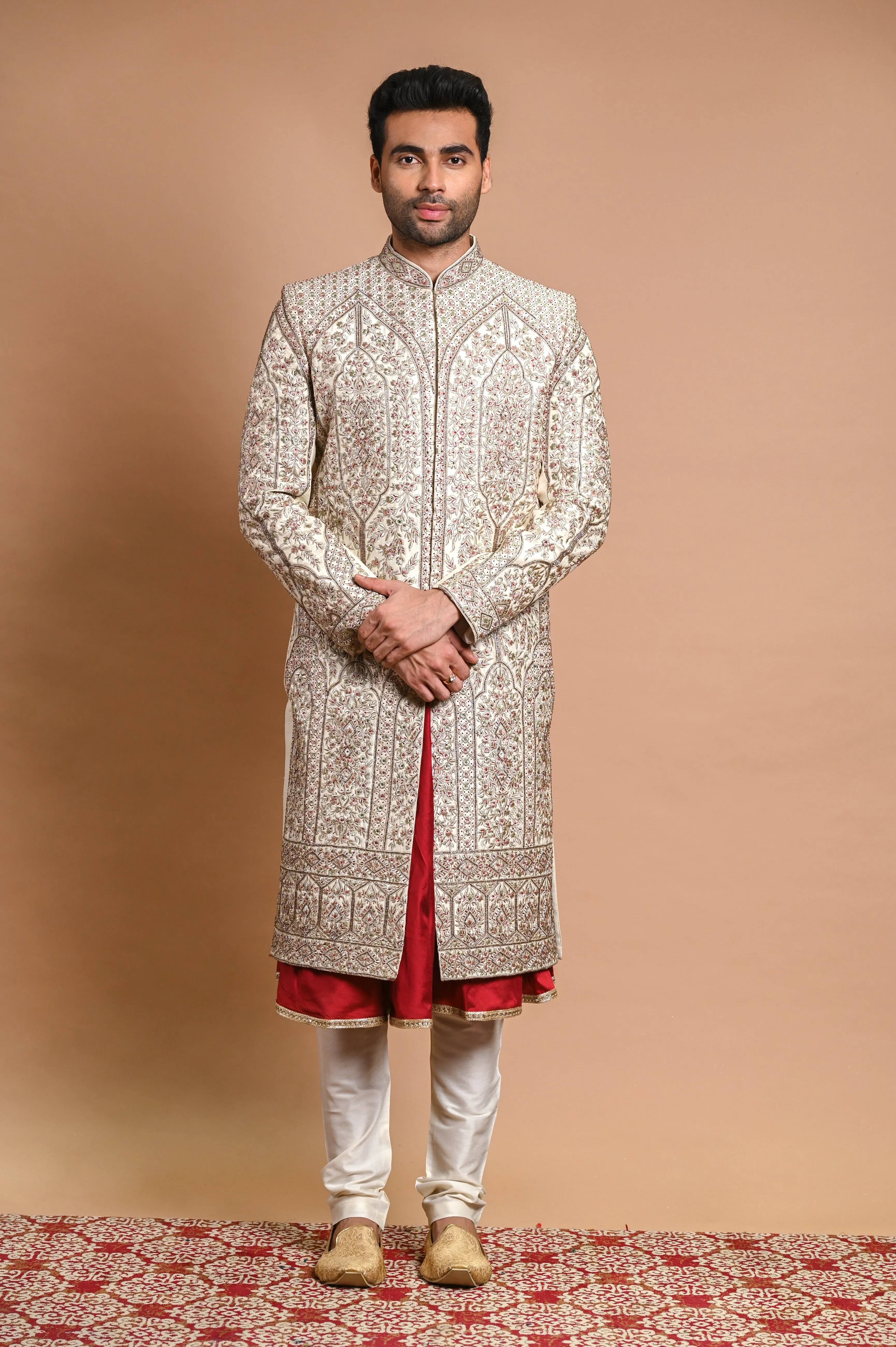 Cream Raw Silk Sherwani With resham, cut dana and mirror  Work