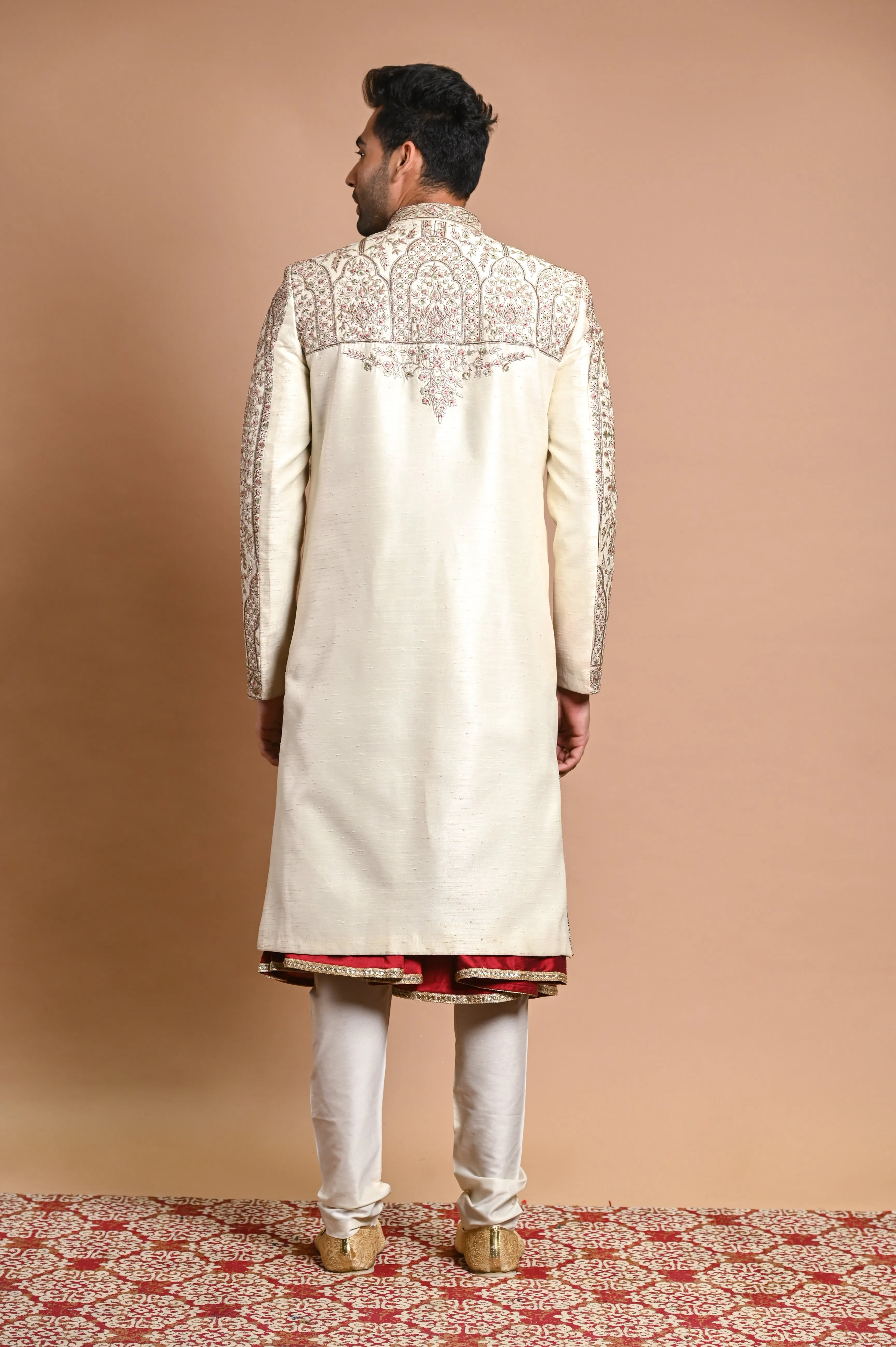 Cream Raw Silk Sherwani With resham, cut dana and mirror  Work