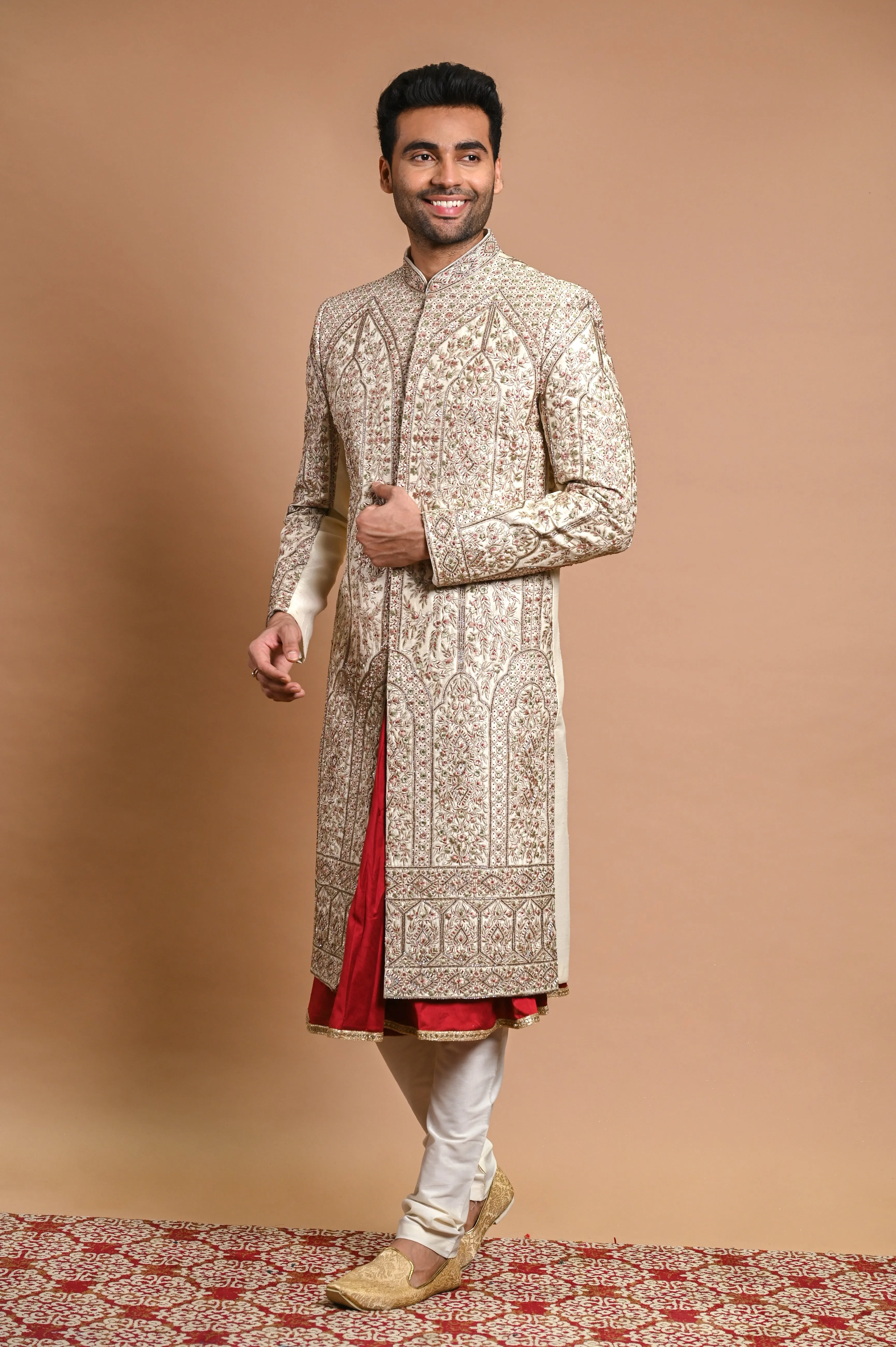 Cream Raw Silk Sherwani With resham, cut dana and mirror  Work