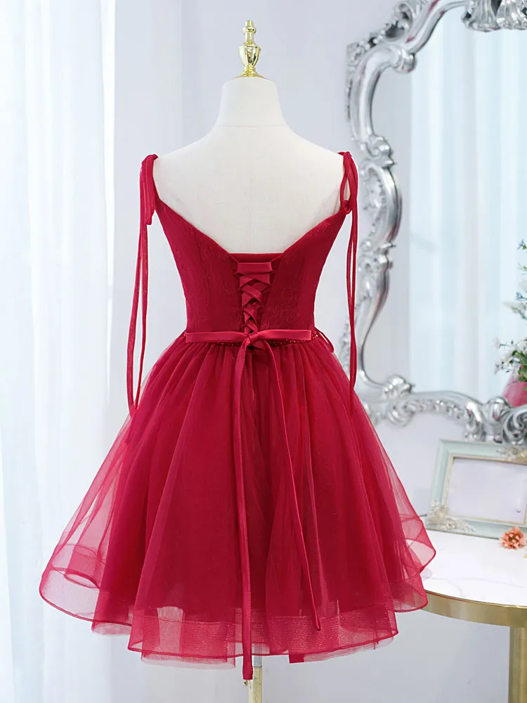 Cute Burgundy Tulle Lace Short Prom Dress, Lace Burgundy Puffy Homecoming Dress