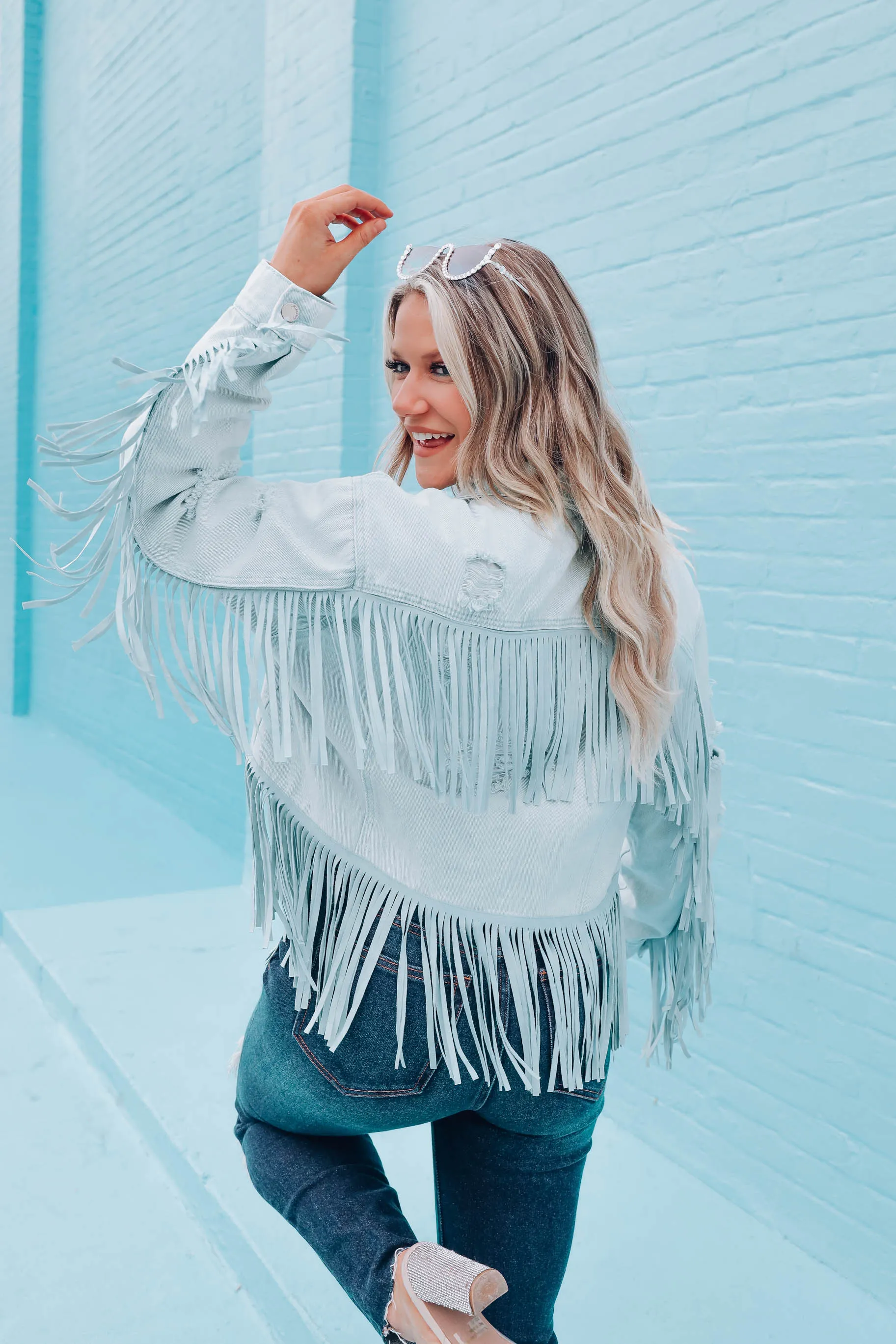 Danica Distressed Fringe Denim Jacket - Light Blue