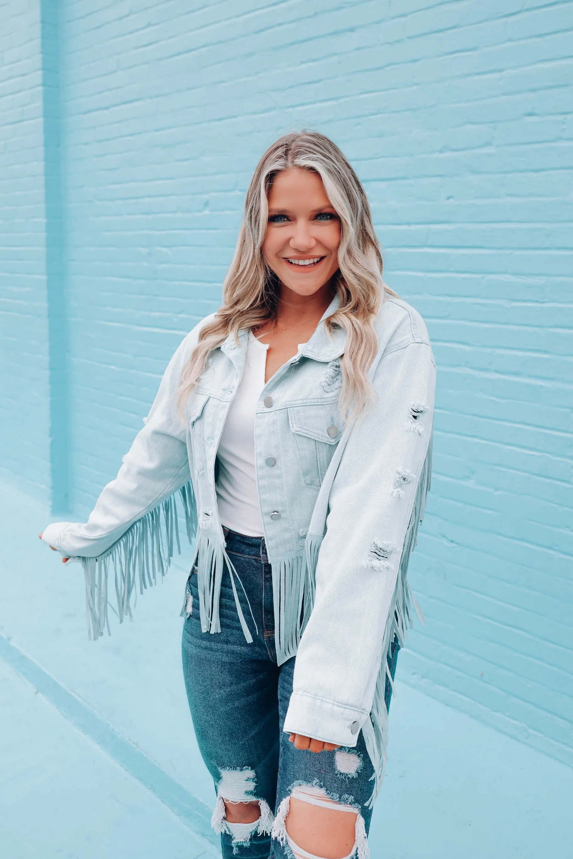 Danica Distressed Fringe Denim Jacket - Light Blue