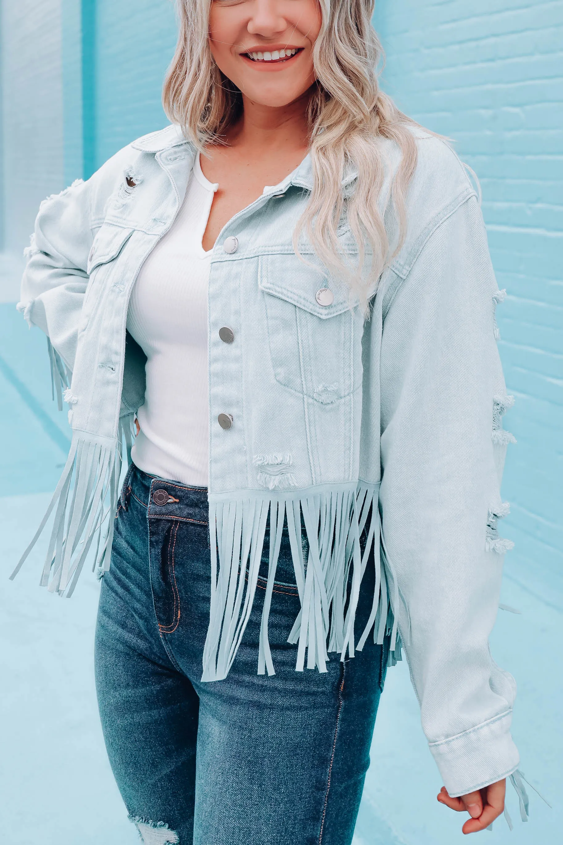 Danica Distressed Fringe Denim Jacket - Light Blue