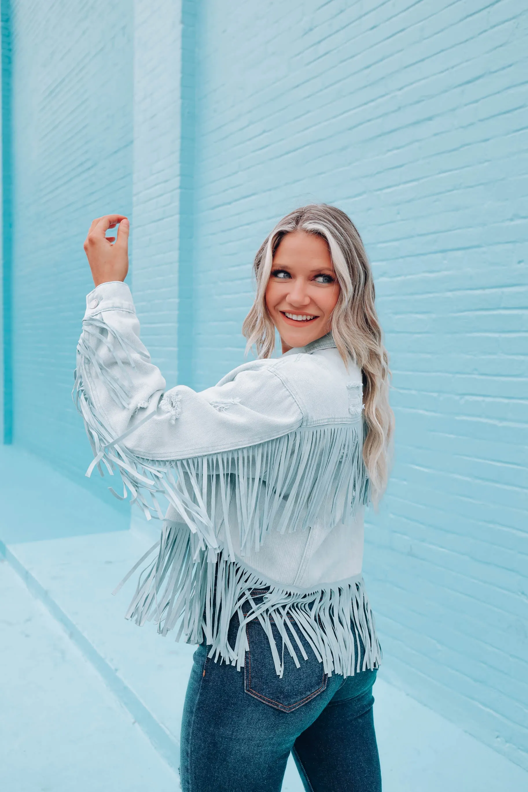 Danica Distressed Fringe Denim Jacket - Light Blue