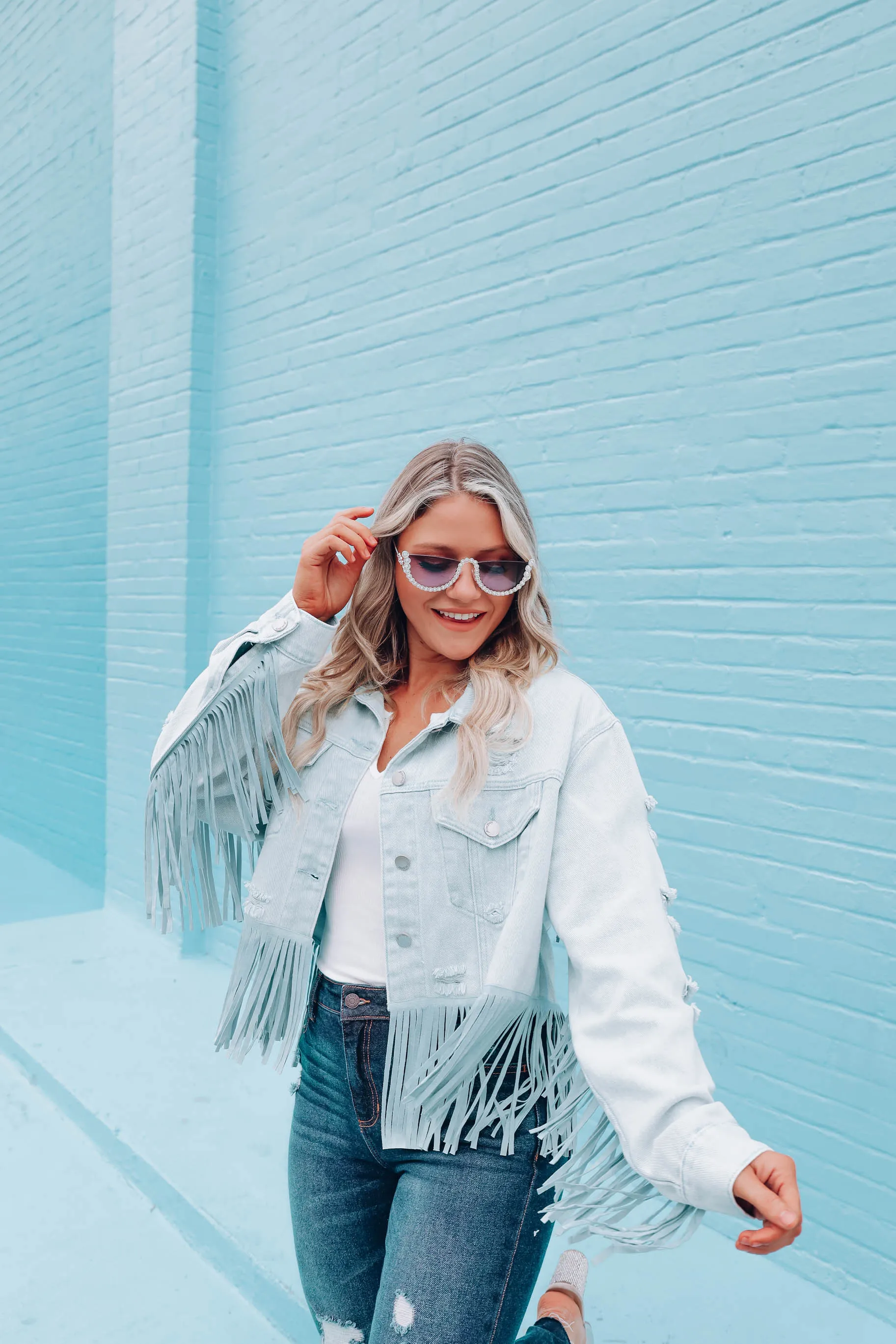 Danica Distressed Fringe Denim Jacket - Light Blue