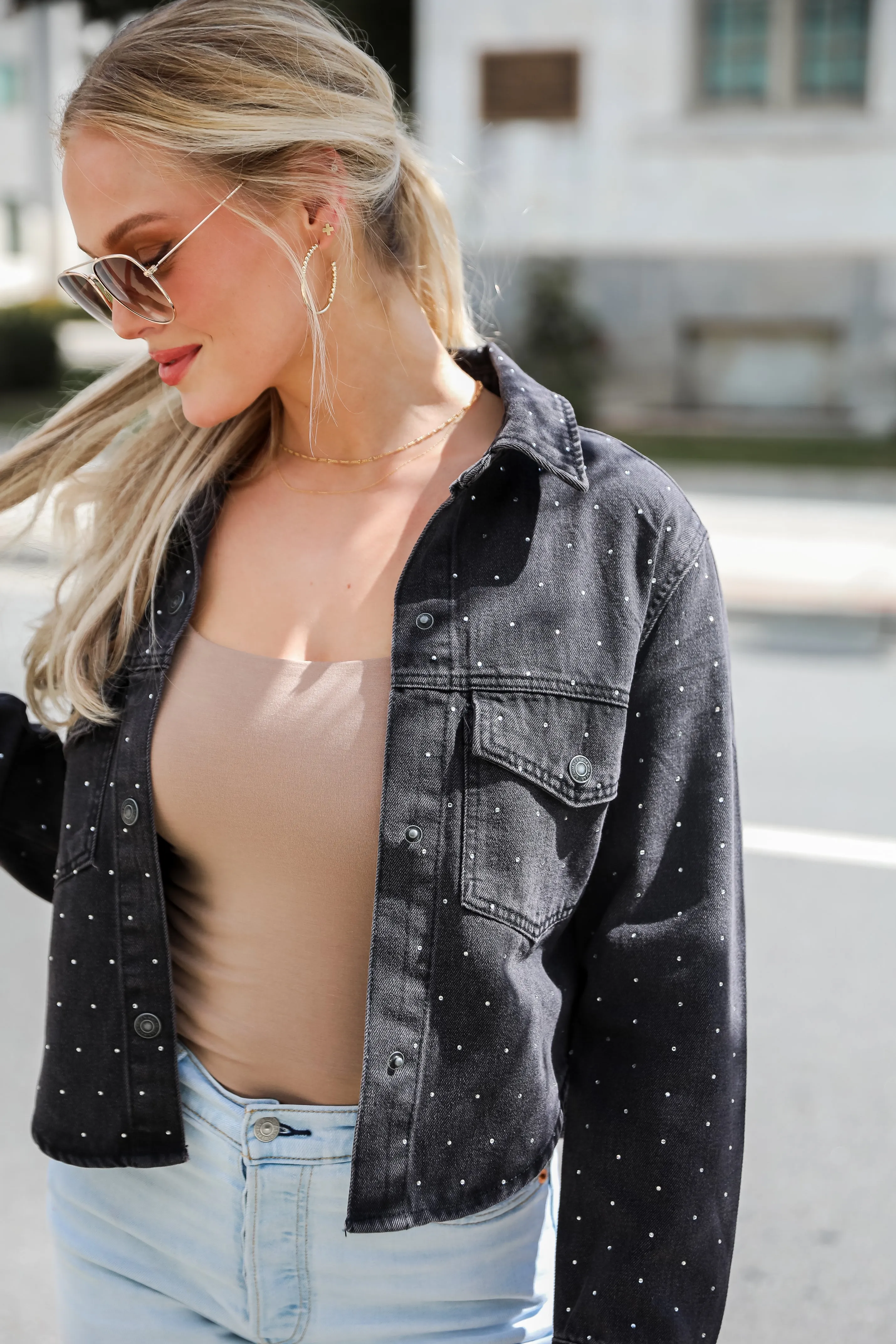 Dazzling Stunner Black Rhinestone Cropped Denim Jacket