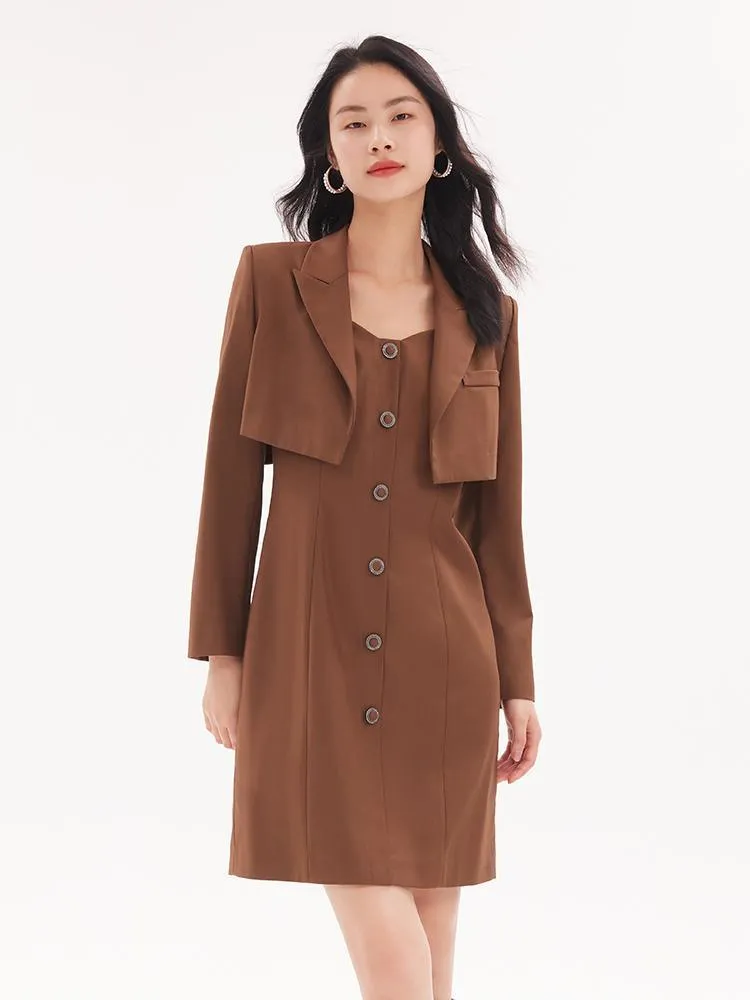 Detachable Bowknot Blazer And Midi Work Dress Two-Piece Suit