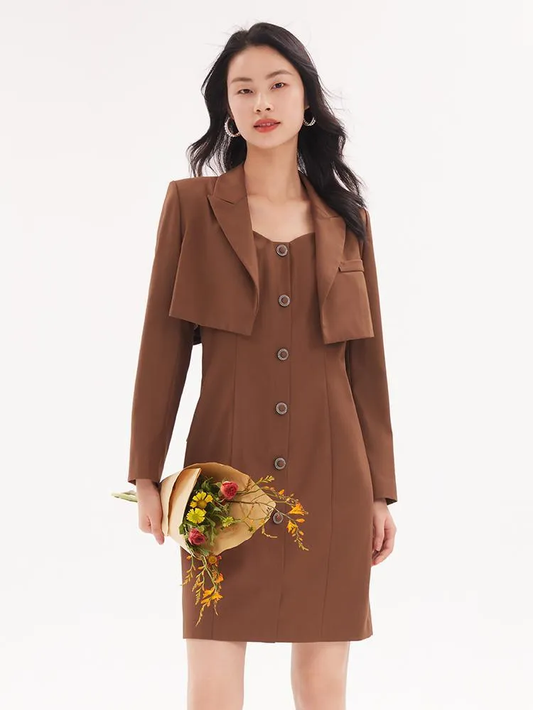 Detachable Bowknot Blazer And Midi Work Dress Two-Piece Suit