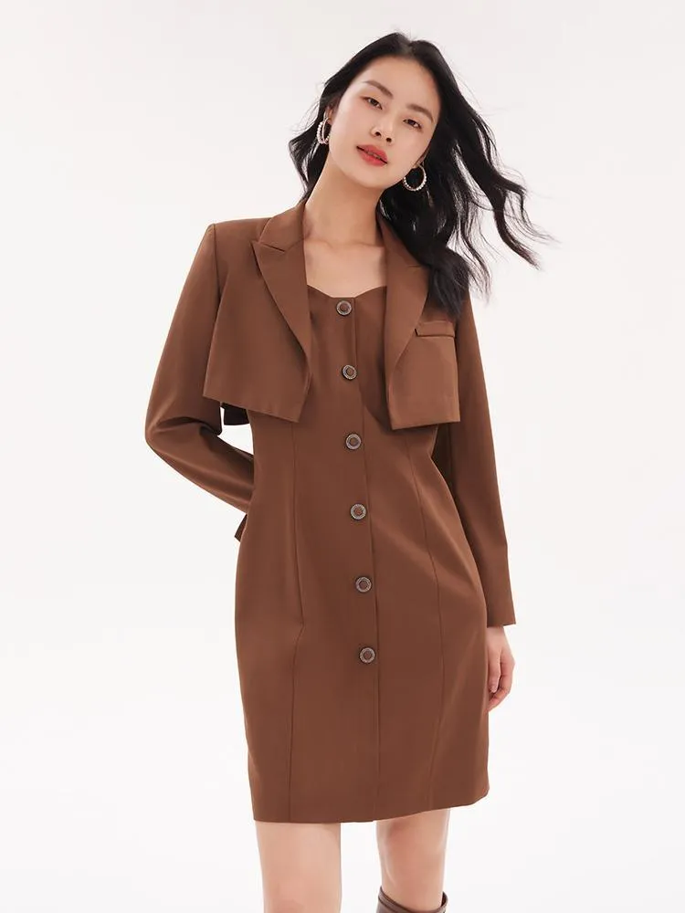 Detachable Bowknot Blazer And Midi Work Dress Two-Piece Suit