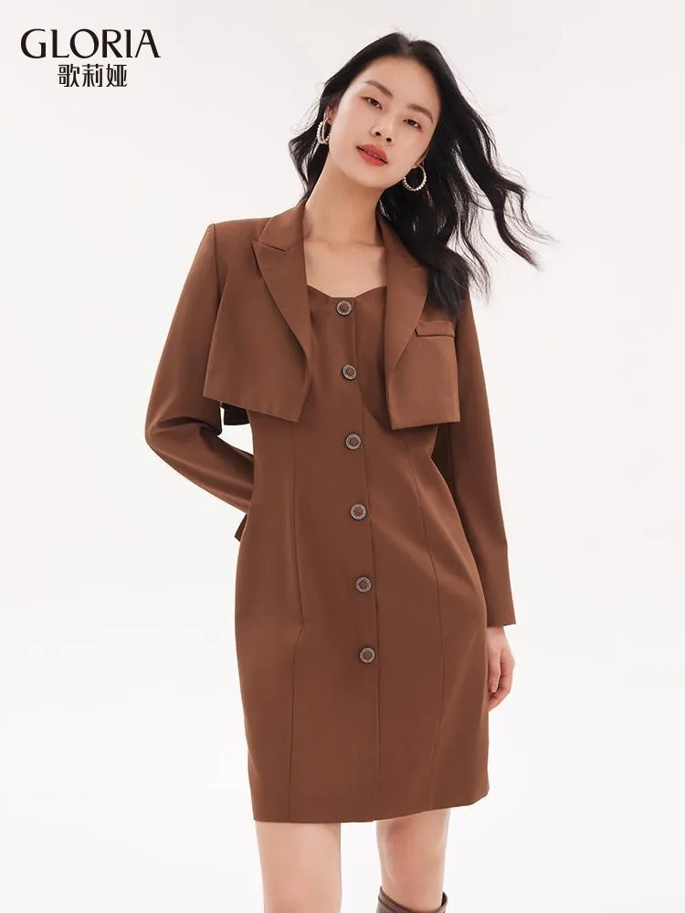 Detachable Bowknot Blazer And Midi Work Dress Two-Piece Suit