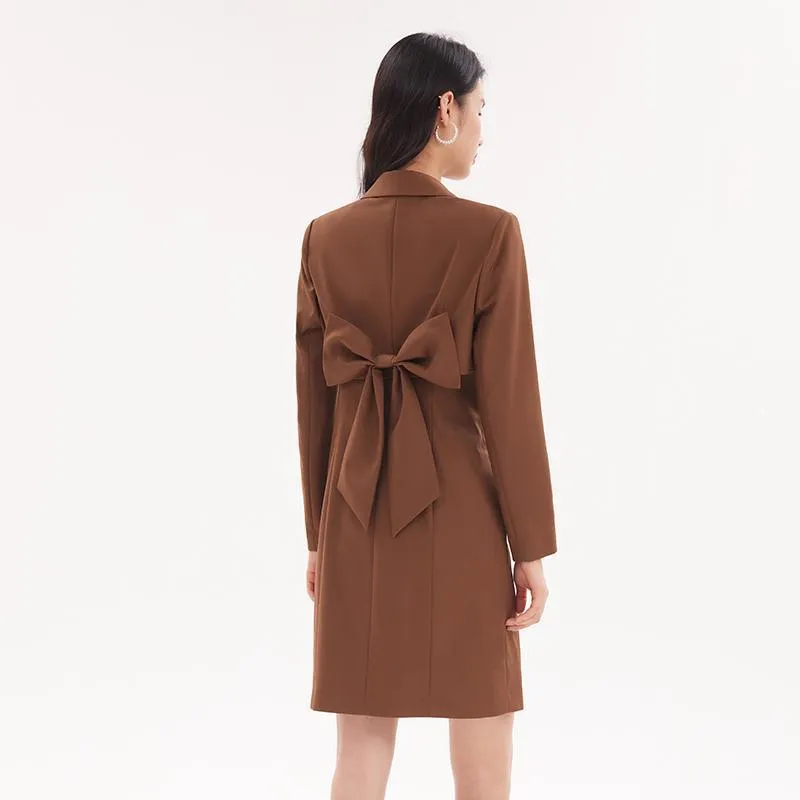 Detachable Bowknot Blazer And Midi Work Dress Two-Piece Suit