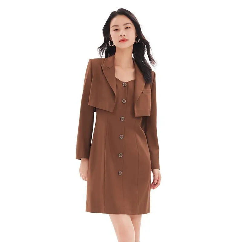 Detachable Bowknot Blazer And Midi Work Dress Two-Piece Suit