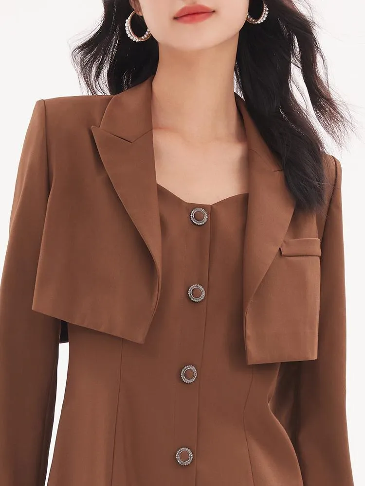 Detachable Bowknot Blazer And Midi Work Dress Two-Piece Suit