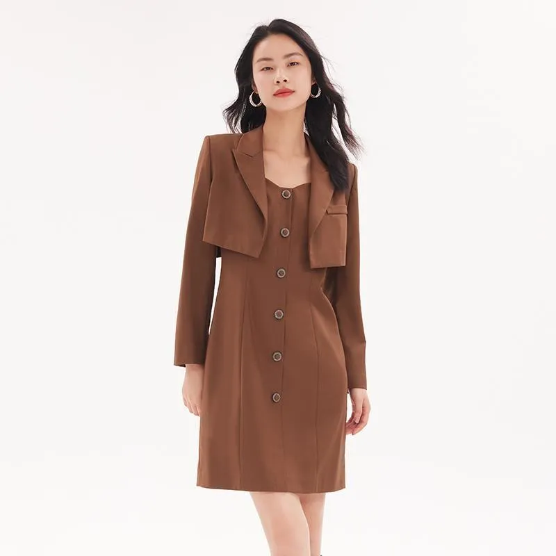 Detachable Bowknot Blazer And Midi Work Dress Two-Piece Suit