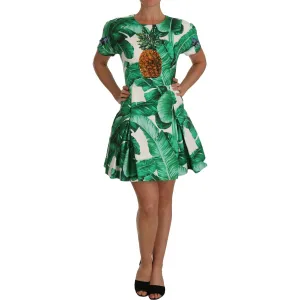 Dolce & Gabbana Elegant Green Banana Leaf Print A-Line Dress