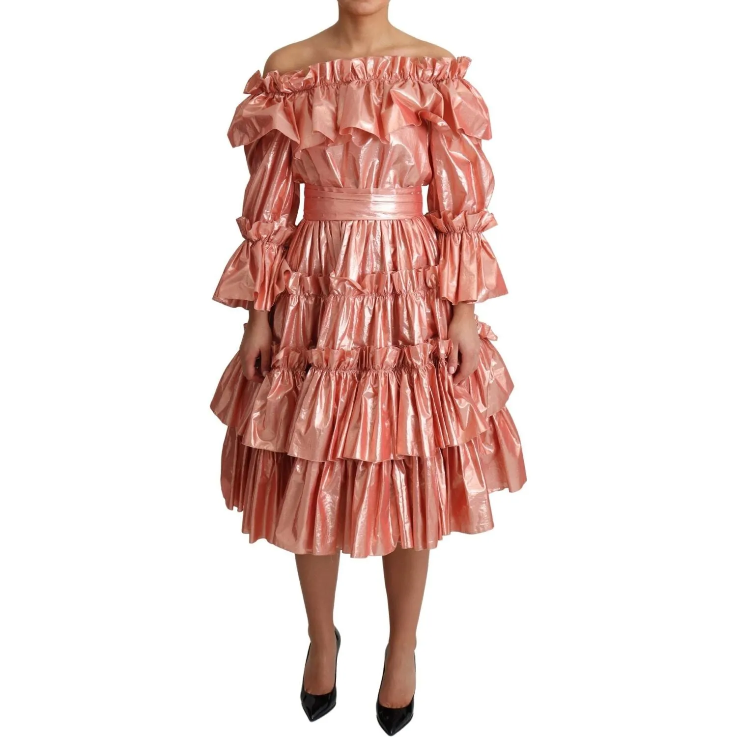 Dolce & Gabbana Pink Metallic Ruffled Gown Elegance