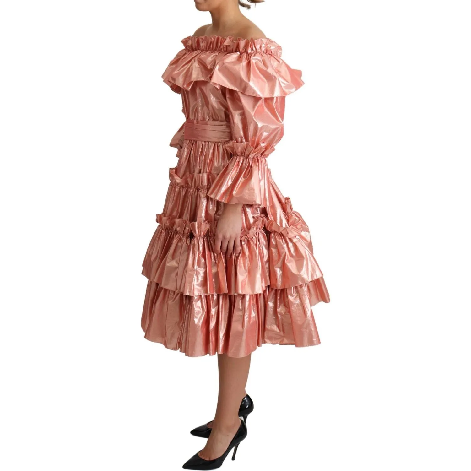 Dolce & Gabbana Pink Metallic Ruffled Gown Elegance