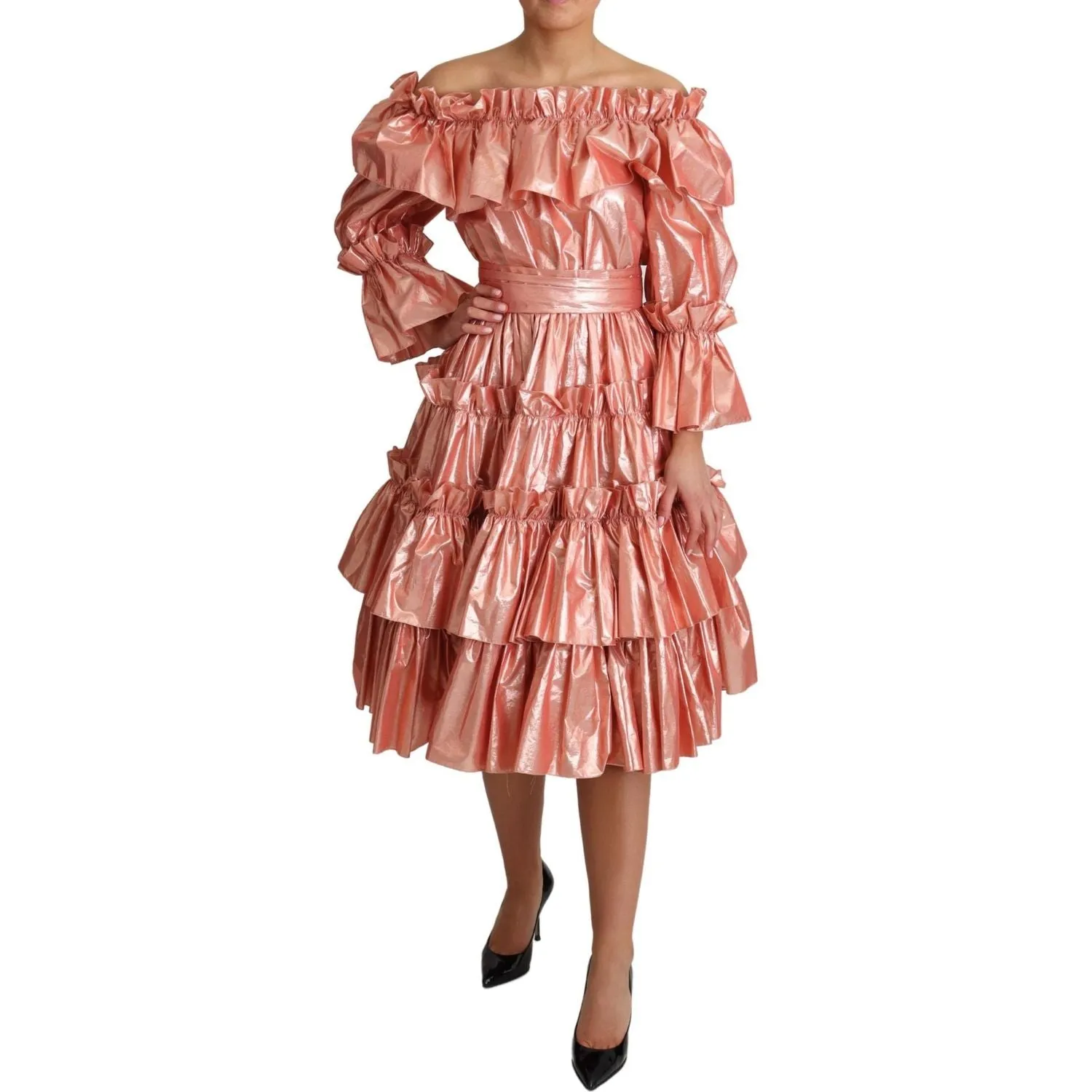 Dolce & Gabbana Pink Metallic Ruffled Gown Elegance