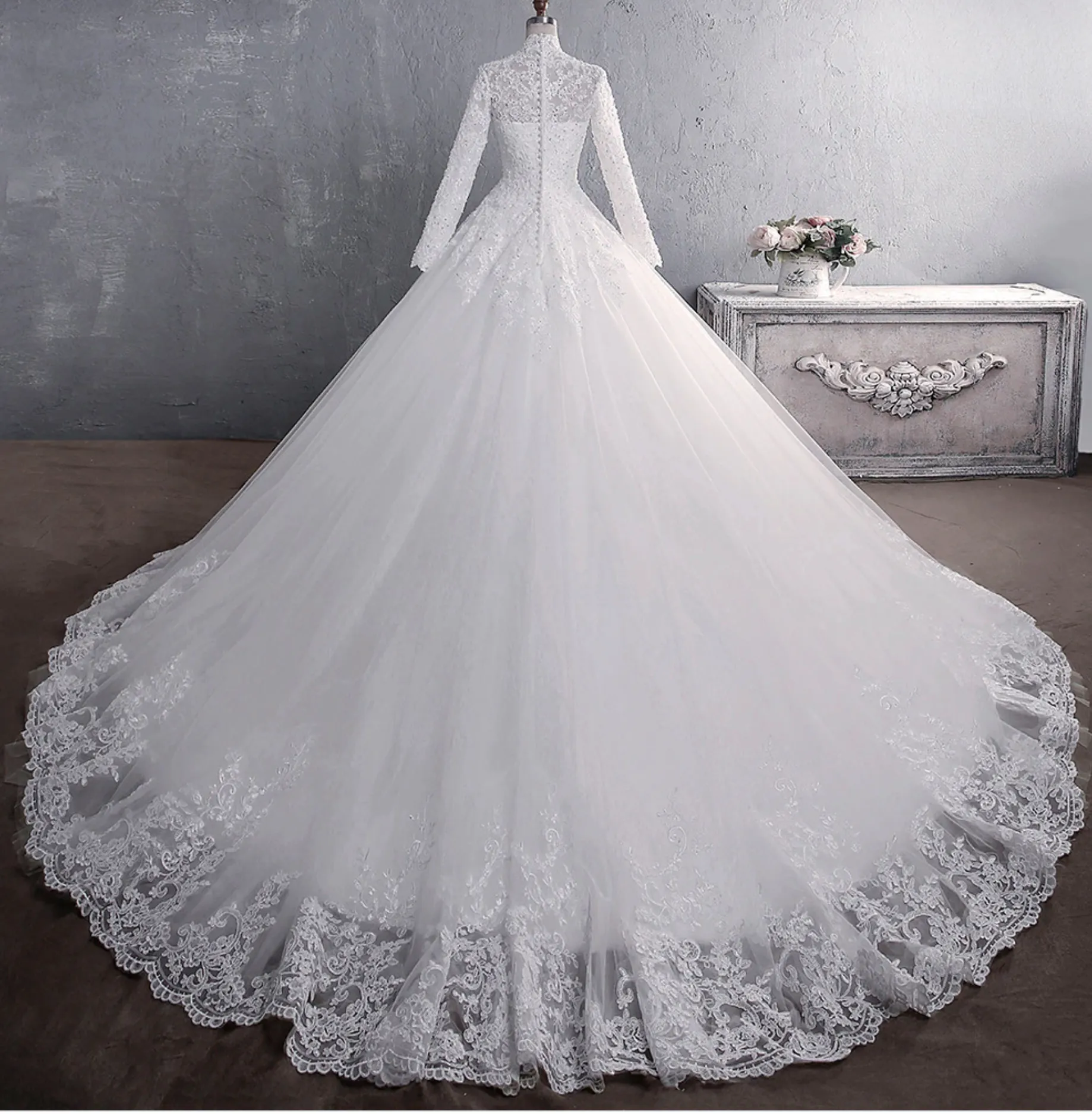 Elegant High Neck With Train Princess Lace Embroidery Wedding Gown