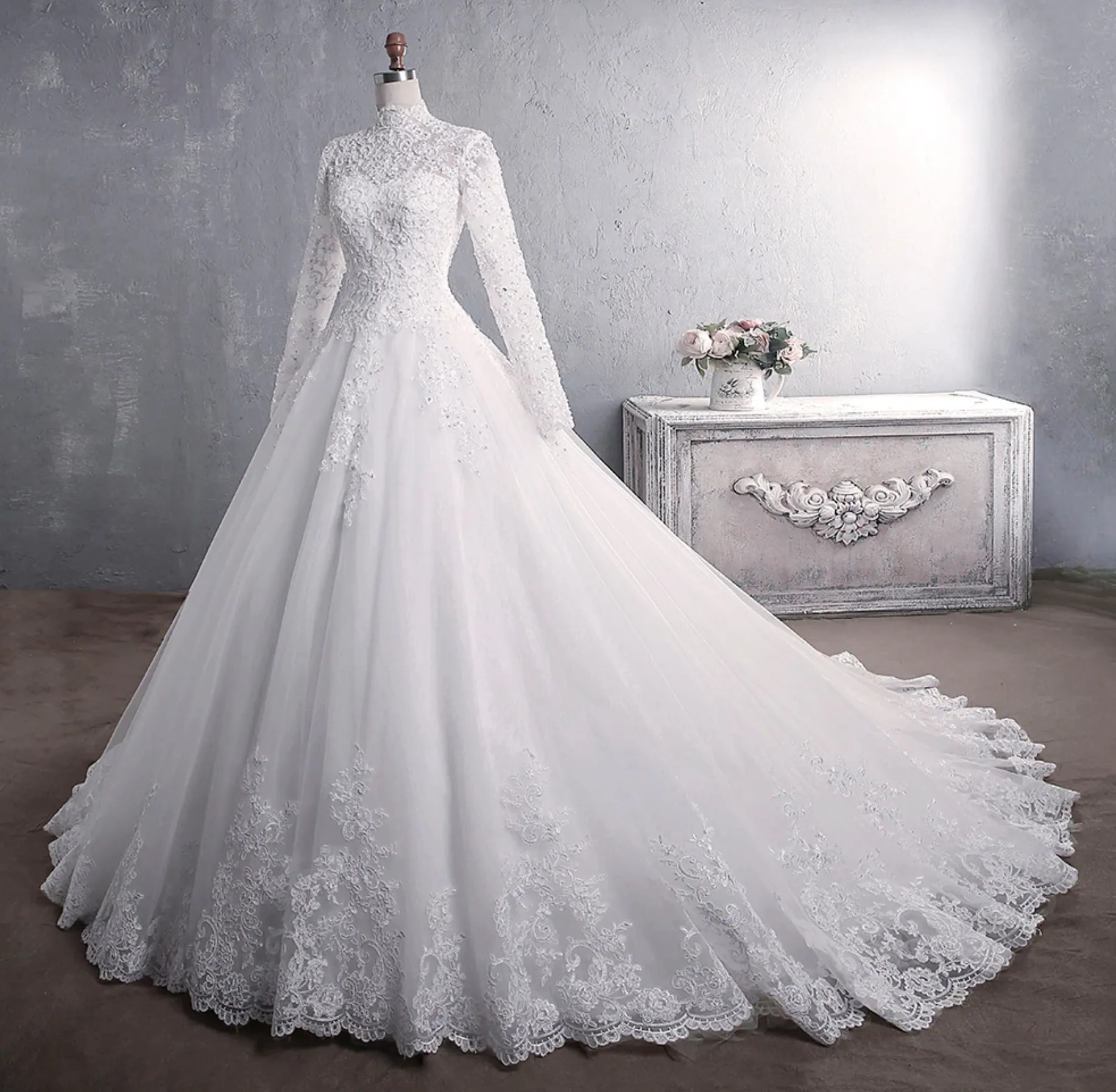 Elegant High Neck With Train Princess Lace Embroidery Wedding Gown