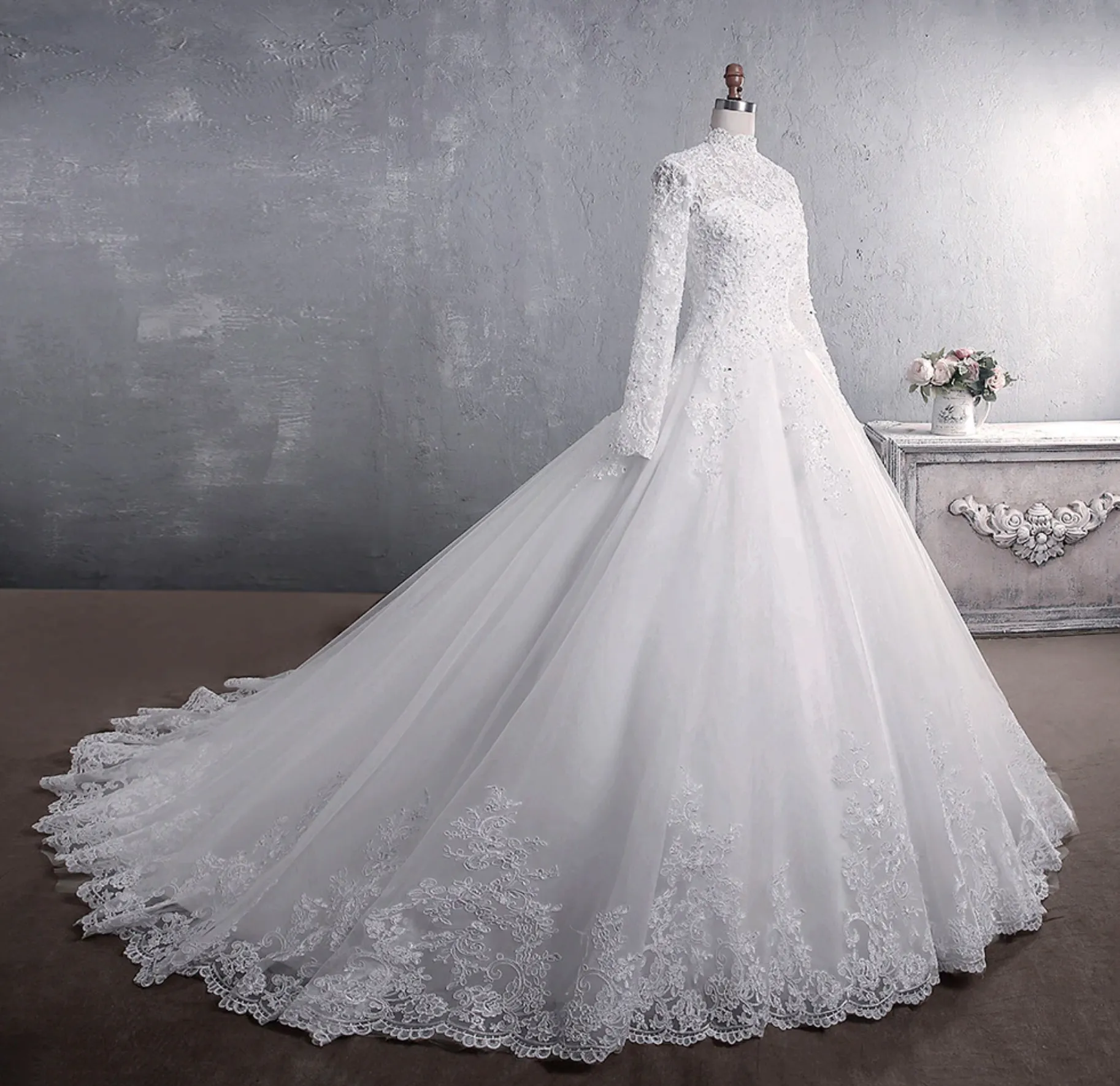 Elegant High Neck With Train Princess Lace Embroidery Wedding Gown