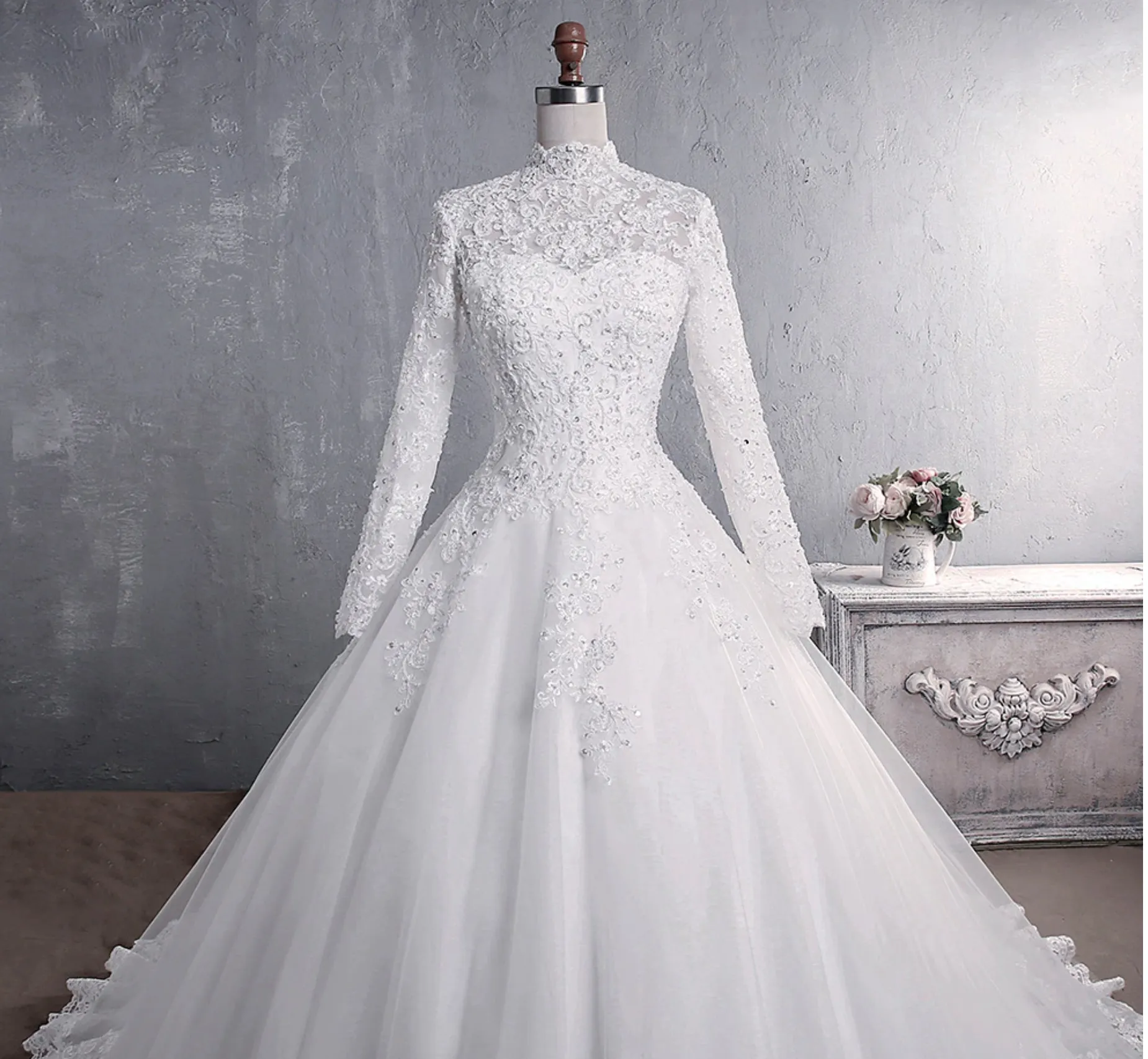 Elegant High Neck With Train Princess Lace Embroidery Wedding Gown