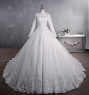 Elegant High Neck With Train Princess Lace Embroidery Wedding Gown