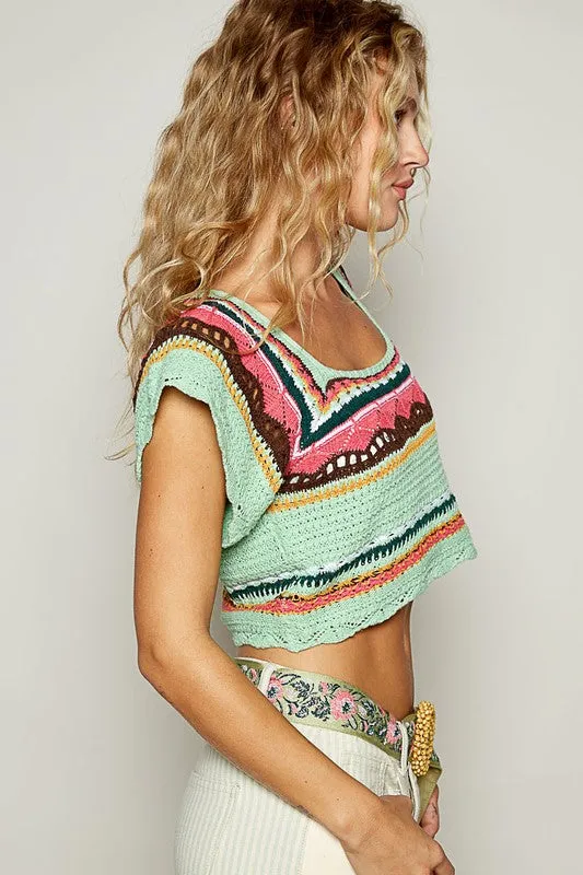 Explore More Collection - POL Openwork Ethnic Pattern Square Neck Cropped Knit Top