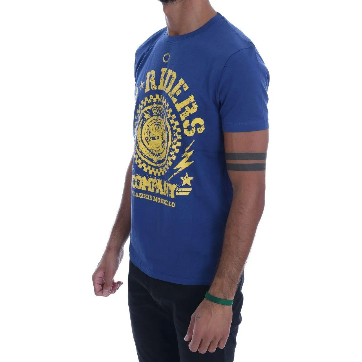 Frankie Morello Stylish Blue Riders Motif Cotton Tee