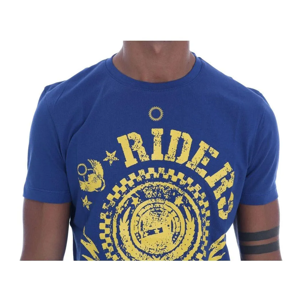 Frankie Morello Stylish Blue Riders Motif Cotton Tee