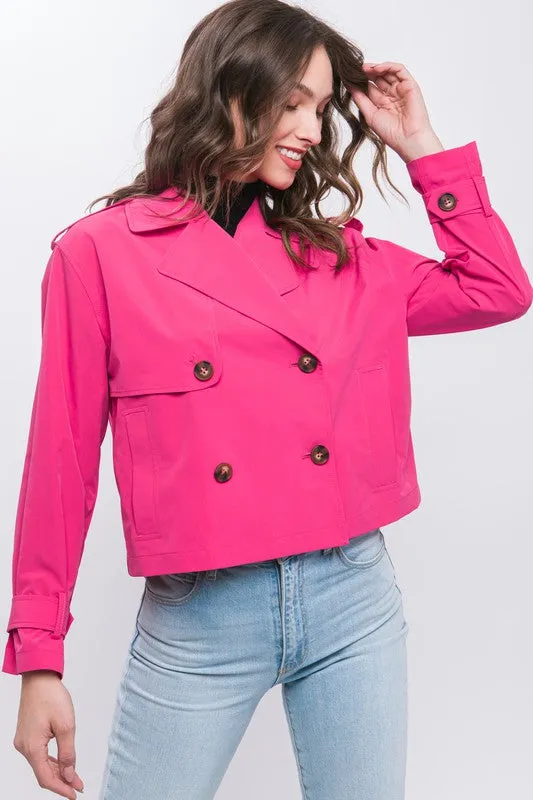 Fuchsia Cropped Trench Jacket with Belt Sleeve Detail