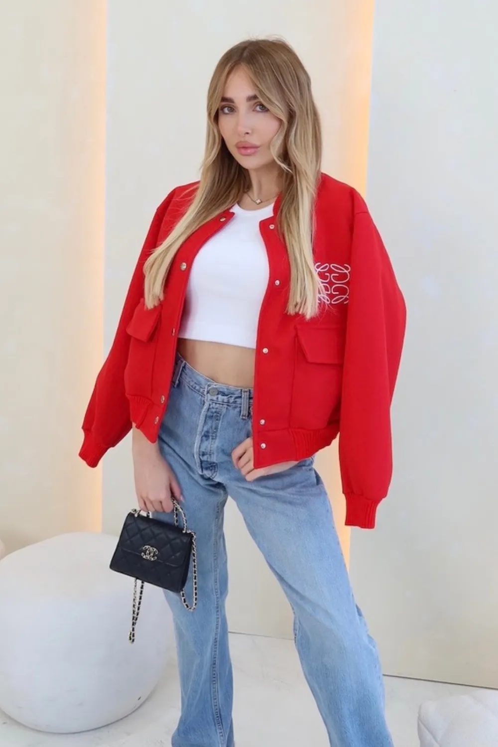 Gege red embroidered cargo bomber jacket