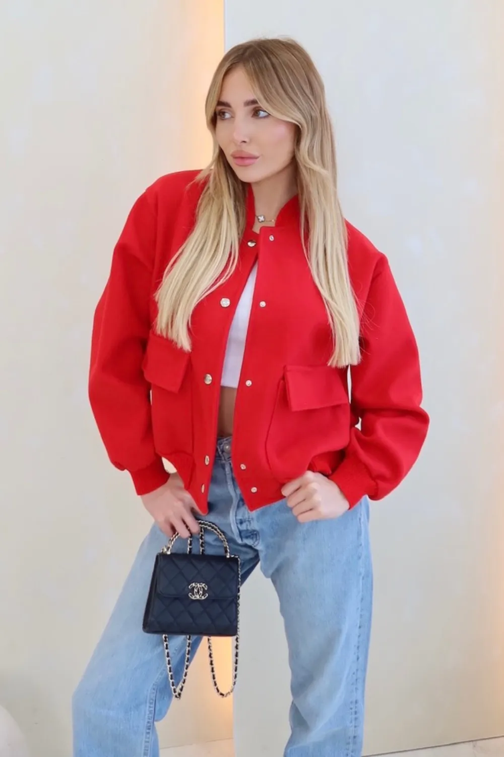 Gege red embroidered cargo bomber jacket