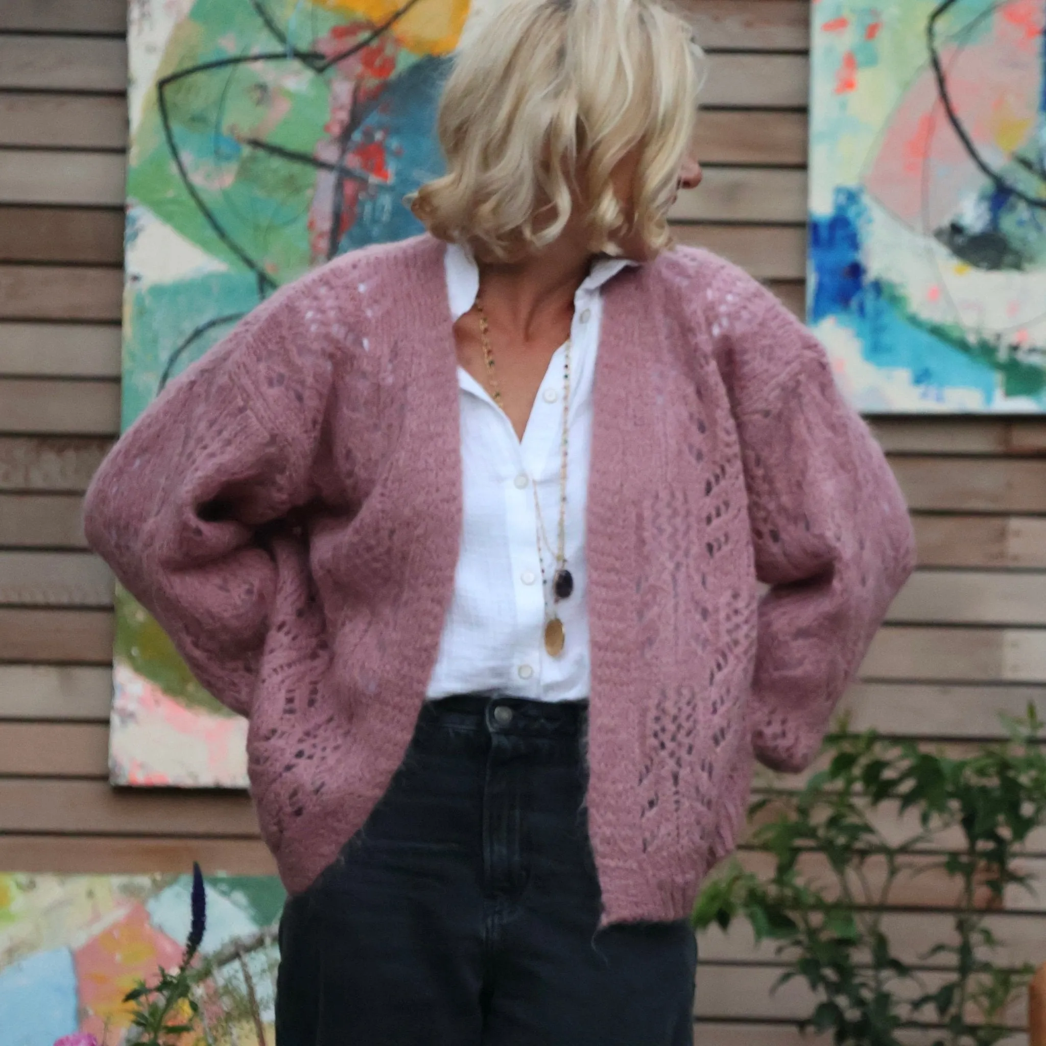 Gilet Flavie ajouré rose boisé