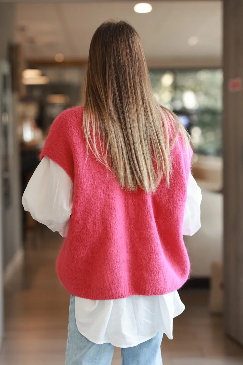 Gilet sans manches loose rose foncé grosse maille