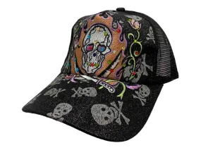 Glitter Skull Halloween XM WOMEN'S Black Mesh Back Snapback Trucker Hat Cap