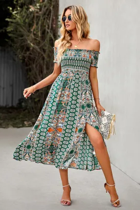 Green Print Boho Off Shoulder Midi Dress