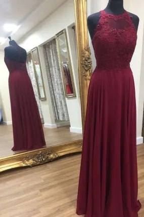 Halter Neck Chiffon Burgundy Lace Top Prom Dress,21121311