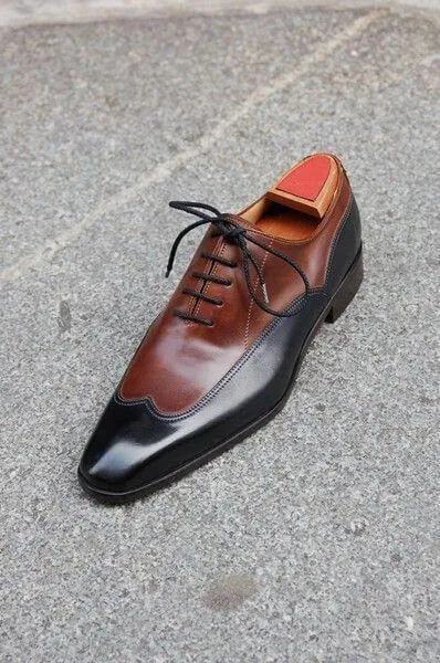 Handmade Men's Shoes, Men's Burgundy Black Leather Wing Tip Lace Up Dress Formal shoes.