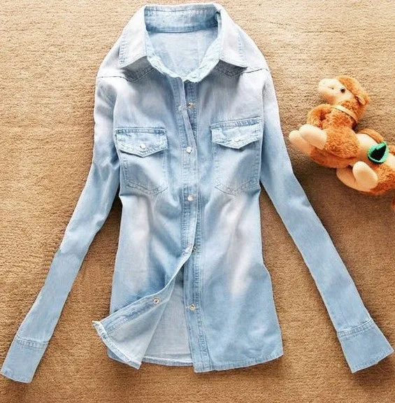 Hot sale European style women denim blouse slim jeans shirt lady's elegant quality blouse 2016 spring fashion denim blouse