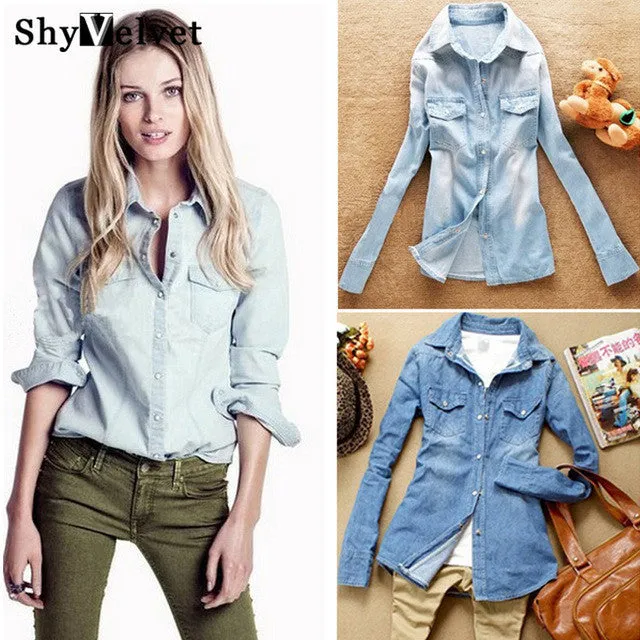 Hot sale European style women denim blouse slim jeans shirt lady's elegant quality blouse 2016 spring fashion denim blouse