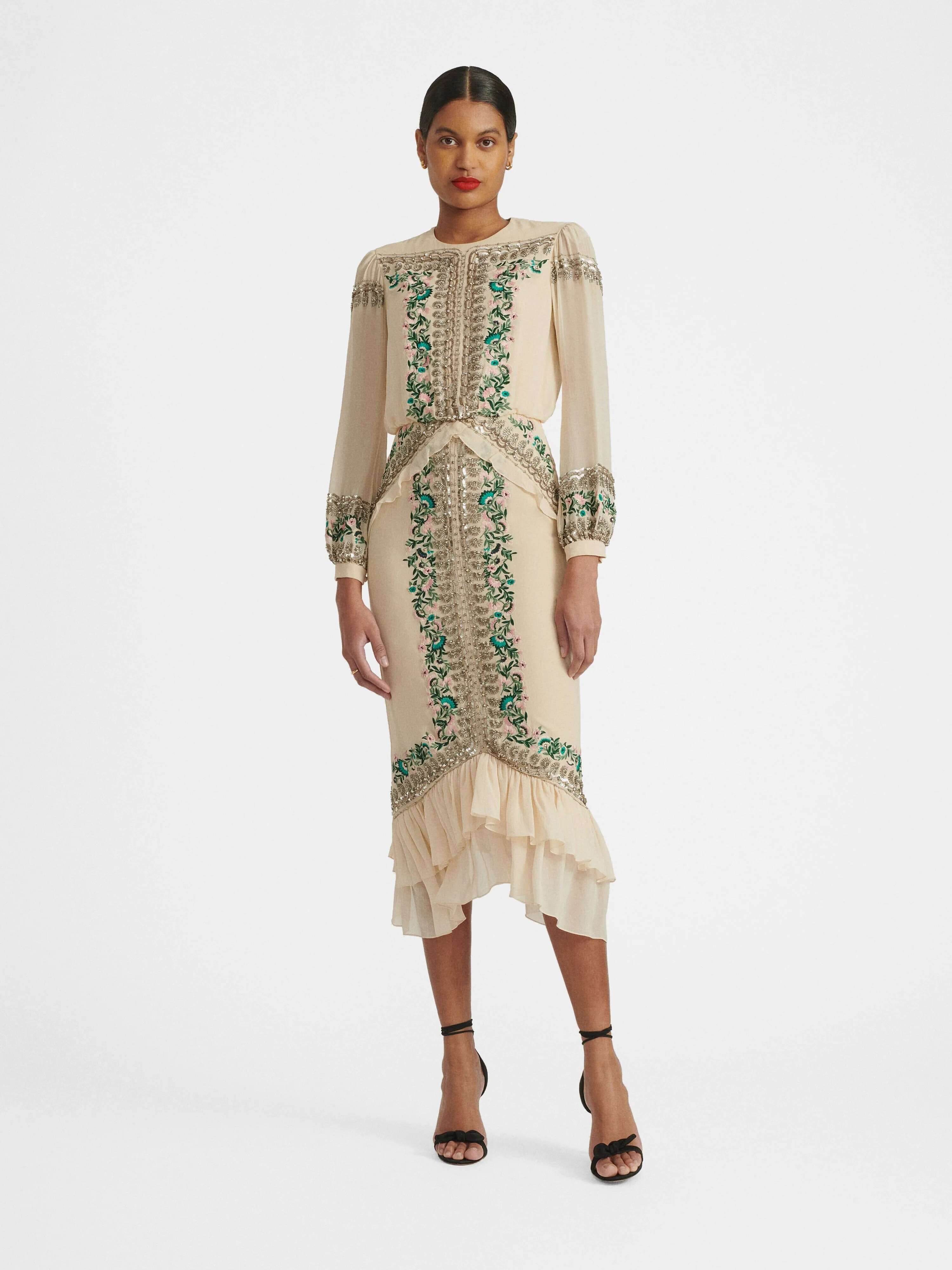 Isa Silk B Dress in Cream Garden Embroidery