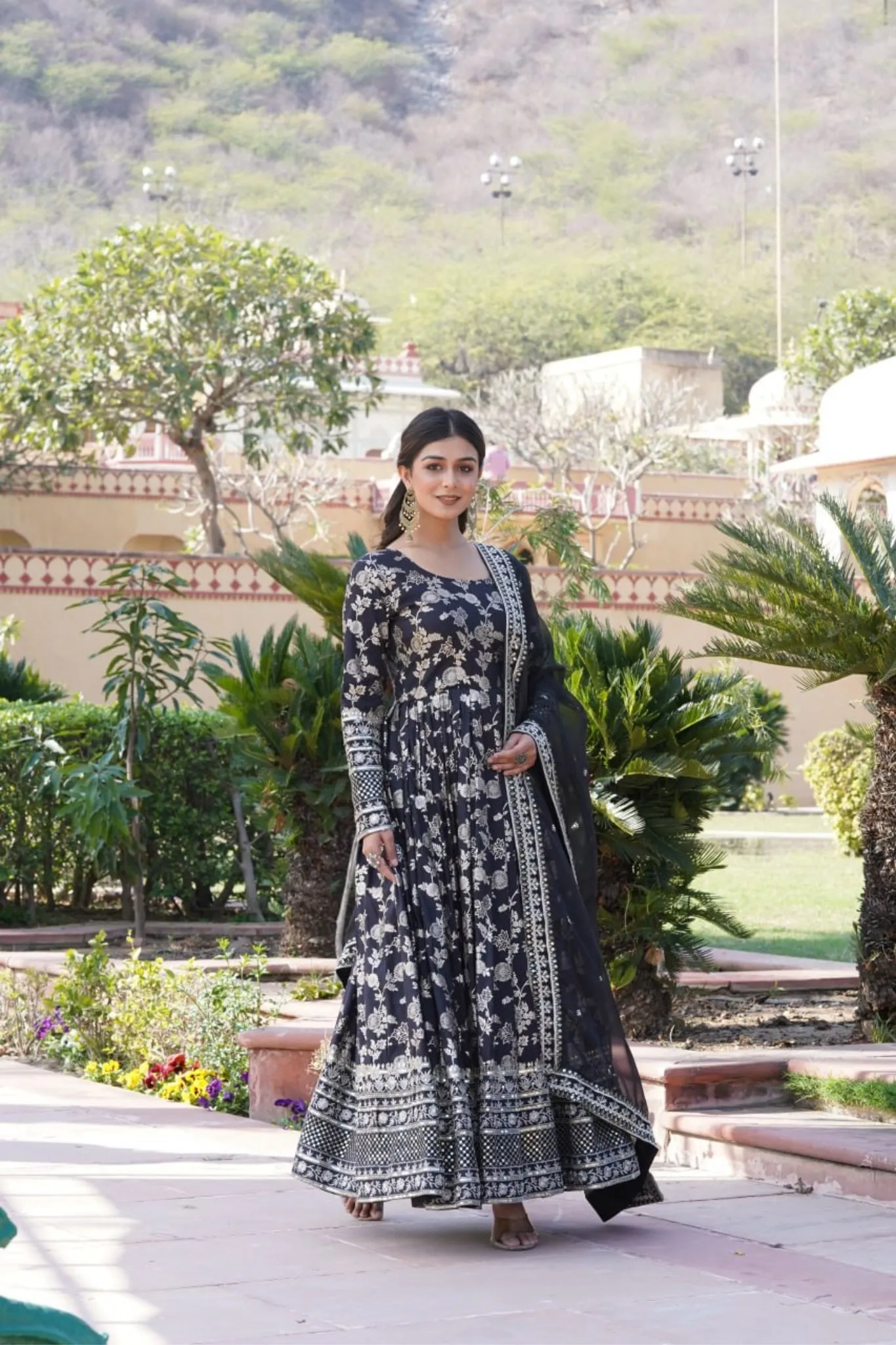 Jacquard With Sequins Embroidered Work Gown & Dupatta Set