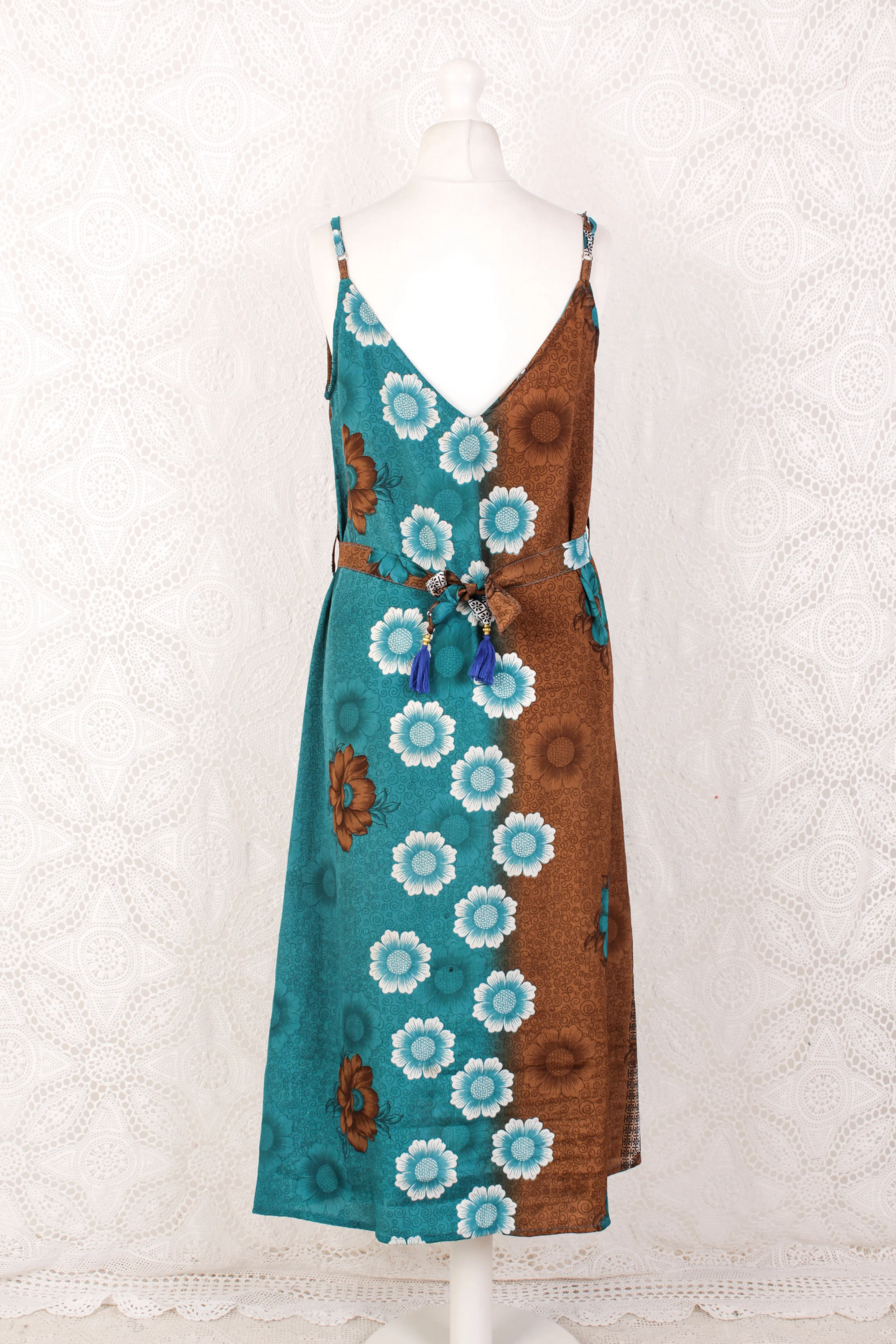 Jamie Dress - Indian Sari Slip Dress - Teal & Cocoa Powder Bold Floral - Size M/L