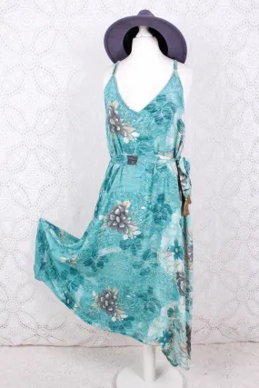 Jamie Dress - Indian Sari Slip Dress - Turquoise & Aqua Floral - Size M/L